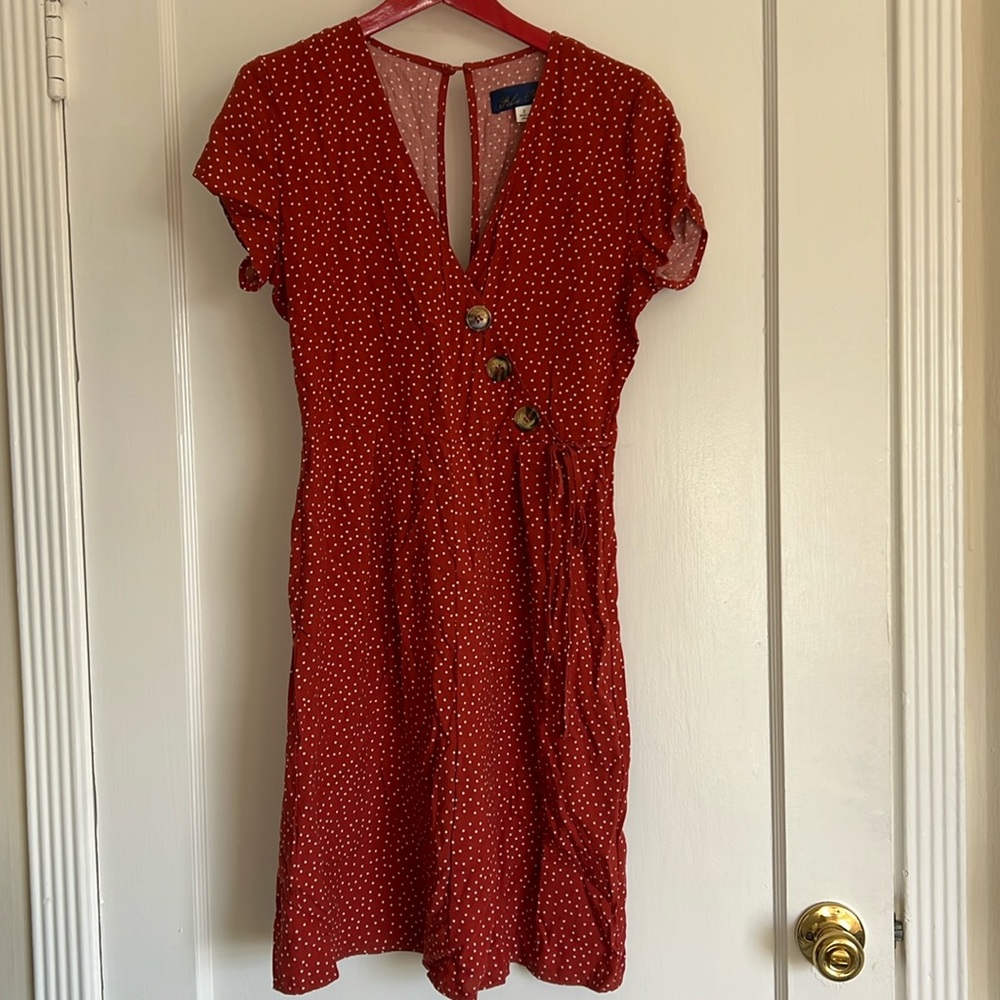 Red and white polka dot midi dress
